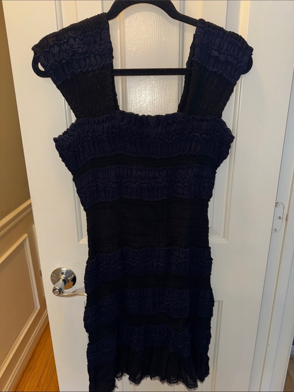 Yoana Baraschi Navy and Black Ruffled Square-Neck Mini Dress
